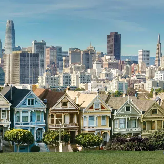 Picnickers sit on the grass at Alamo Square Park with the 涂女士 and San Francisco skyline in the background.